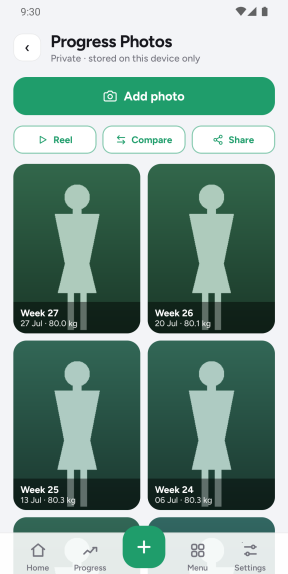 Progress photos screen: a grid of dated progress photo tiles with week and weight captions