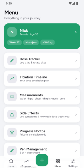 Menu screen with profile card and all app sections